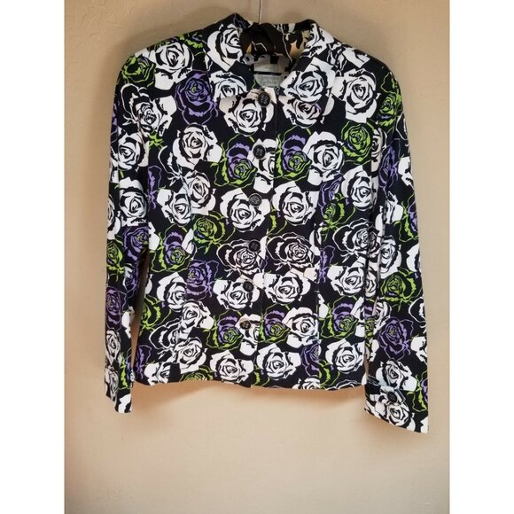 Christopher & Banks Womens Small Stretch Black Floral Button Front Blazer Jacket - Picture 1 of 5